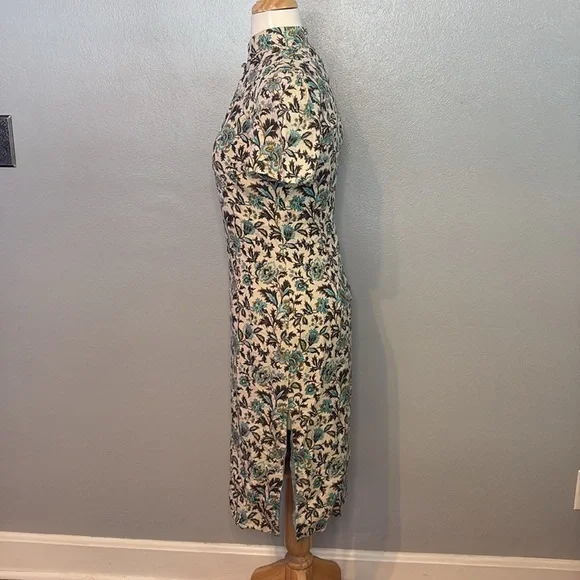 Helen Cherry Silk Dress Blue Brown Floral Side Slit Size 12 - Picture 4 of 13